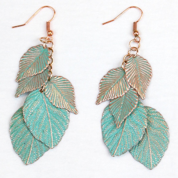 Faux Patina Leaf Drop Earrings NWOT - Picture 2 of 7